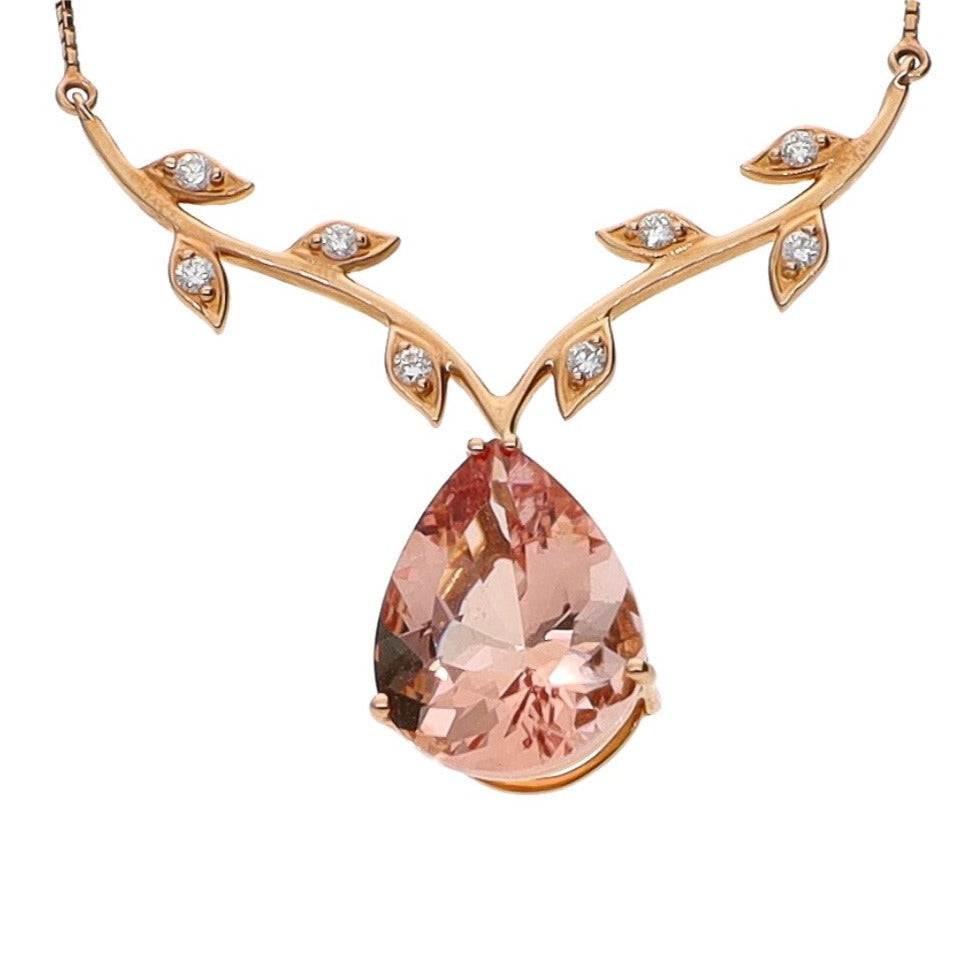 18K Rose Gold Pear Shaped Morganite & Diamond Necklace