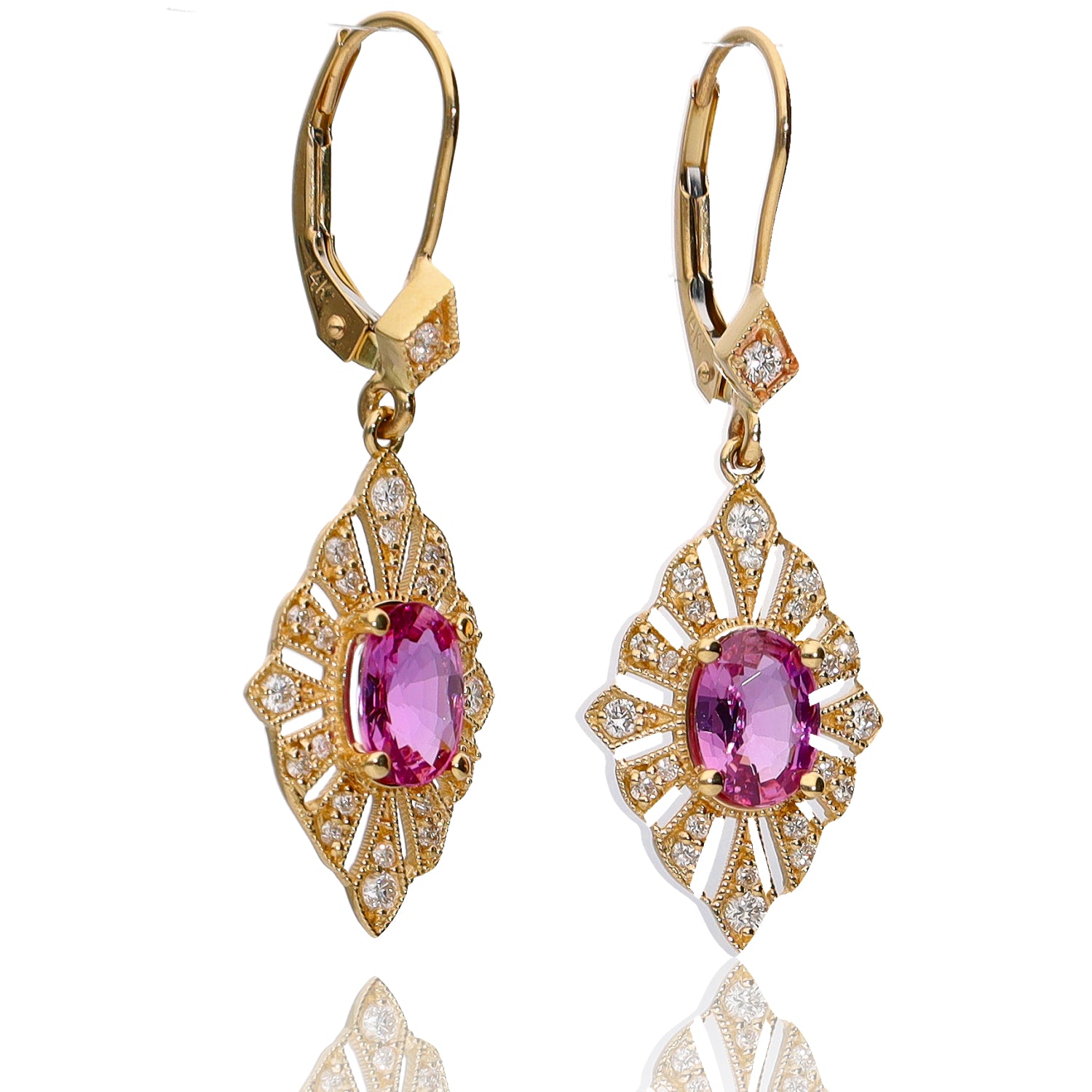 14K Yellow Gold Oval Pink Sapphire and Diamond Leverback Drop Earrings