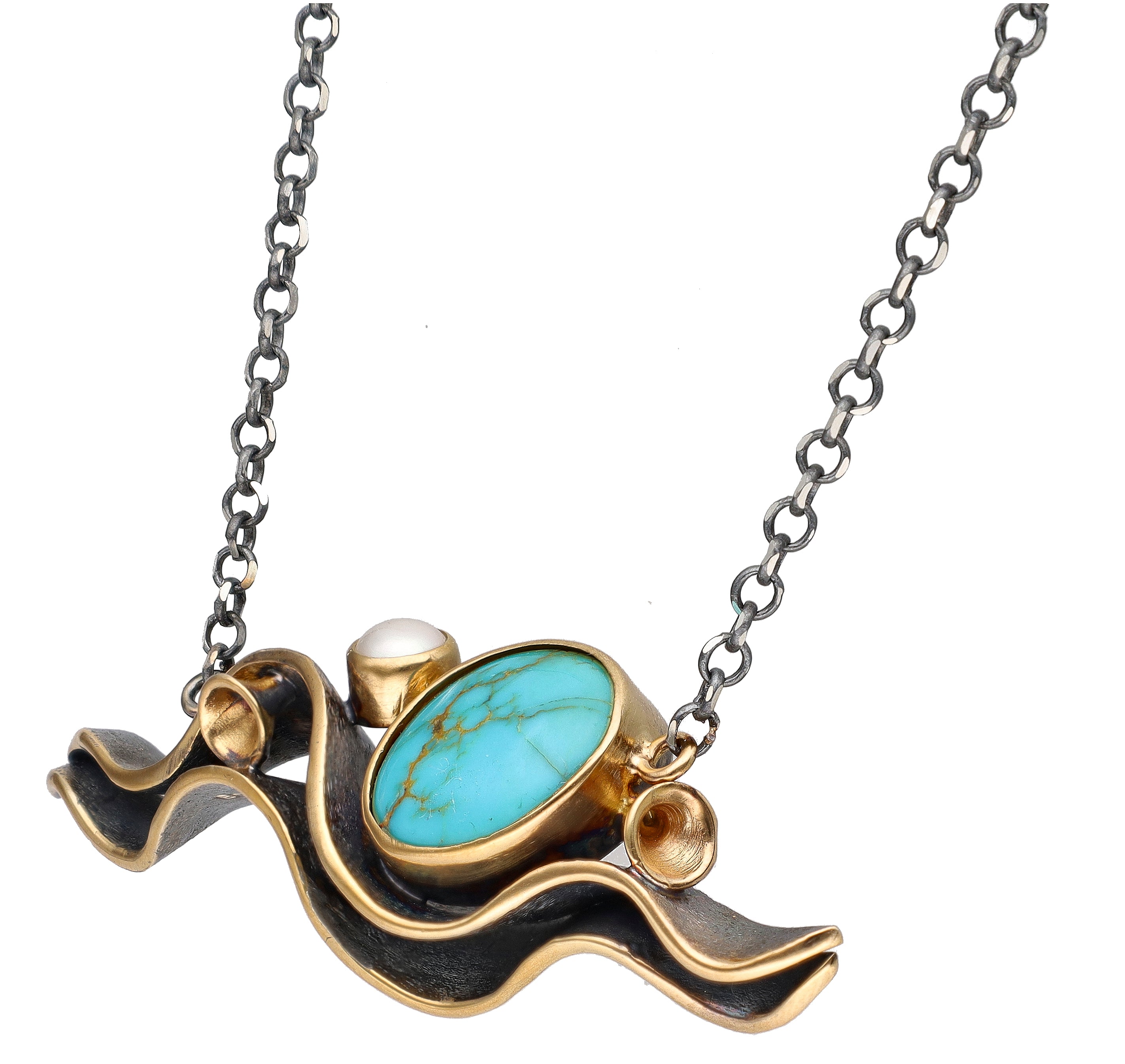 Bora Jewelry of Brooklyn Oxidized Sterling Silver & Brass Pendant w/ Turquoise & Mabe Pearl